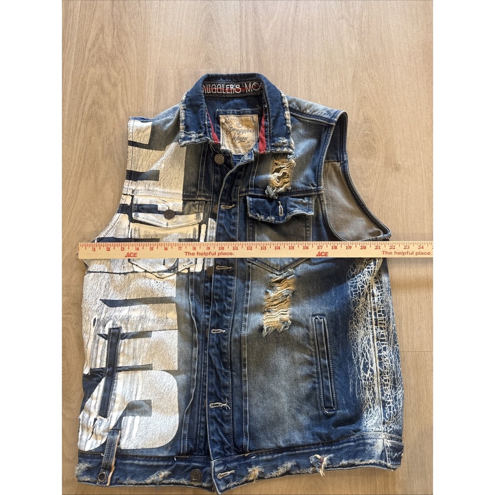 Smugglers Moon Denim Vest Men's L Distressed Painted Y2K Biker Grunge Jean - Picture 12 of 13